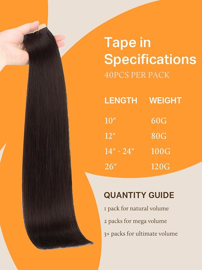 DOORES Human Hair Extensions Tape in, Dark Brown 24 Inch 40pcs 100g, Tape in Hair Extensions Human Hair Remy Skin Weft Hair Extensions Natural Hair Straight