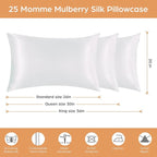 Silk Pillowcase for Hair and Skin, 2 Pack 100% Mulberry Silk Pillowcase 25 Momme, 600 Thread Count, Both Side Pure Silk Pillow Cover with Hidden Zipper (White, Queen 20''×30'')