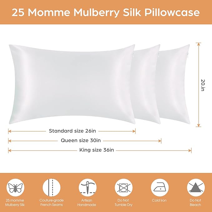 Silk Pillowcase for Hair and Skin, 2 Pack 100% Mulberry Silk Pillowcase 25 Momme, 600 Thread Count, Both Side Pure Silk Pillow Cover with Hidden Zipper (White, King 20''×36'')
