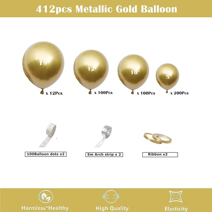 412pcs Metallic Gold Balloon Garland Arch Kit 18 12 10 5 Inch Different Sizes - Image 2