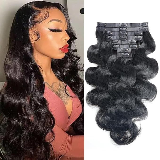 Seamless Clip in Hair Extensions Human Hair Body Wave Human Hair Clip in Extensions 8Pcs PU Clip ins Remy Hair for Women Invisible Skin Weft 18Clips 120g 22inch Natural Black