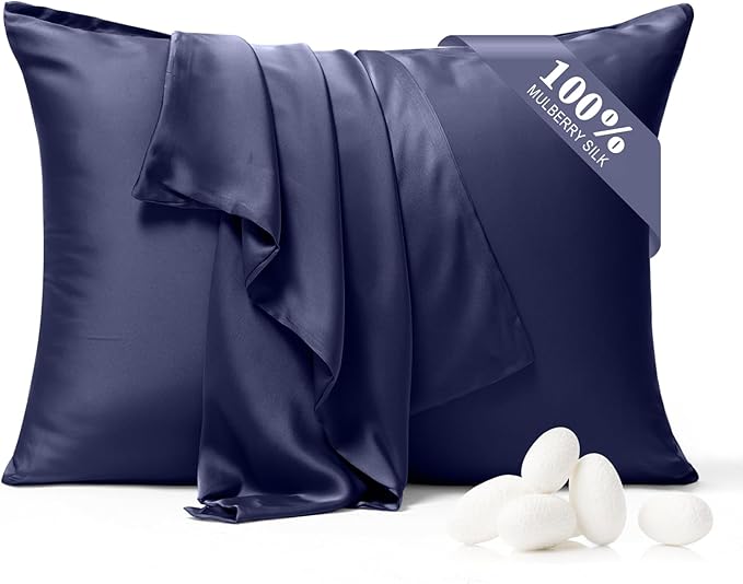 100% Pure Silk Pillowcase 2 Pack for Hair and Skin, Both Sides 23 Momme Grade 6A+ Mulberry Silk Pillowcases with Hidden Zipper, Soft&Smooth Cooling Pillow Cases (Navy Blue, Queen 20x30)