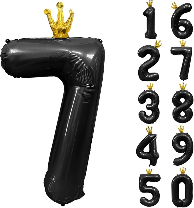 Black Number 7 Balloon with Crown, 40 inch Black Number Balloon 7th Birthday by Yeodong