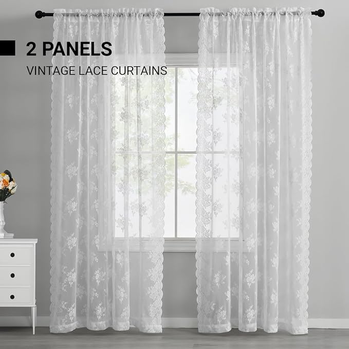 Kotile White Lace Curtains for Bedroom Rustic Floral 52 x 63 Inch, 2 Panels | - Image 6
