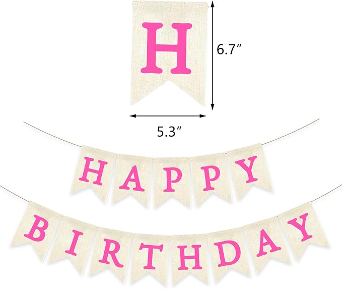 HotPink Happy Birthday Banner Pre-strung Burlap Bunting Party Backdrop Sign - Image 2