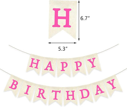 HotPink Happy Birthday Banner Pre-strung Burlap Bunting Party Backdrop Sign - Image 2