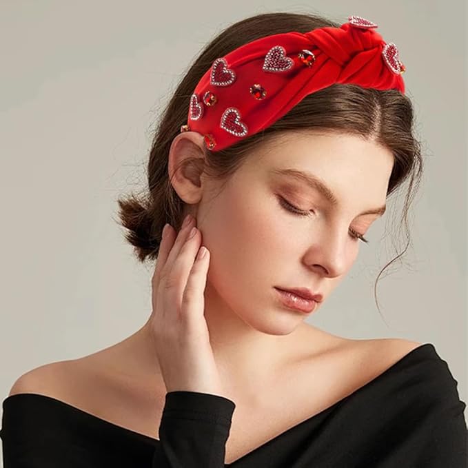 Valentine's Day Rhinestone Heart Headband, Red Fabric Hair Accessory with Crystal Beaded Hearts, Holiday Hair Fashion Accessories for Women Christmas New Year Gift