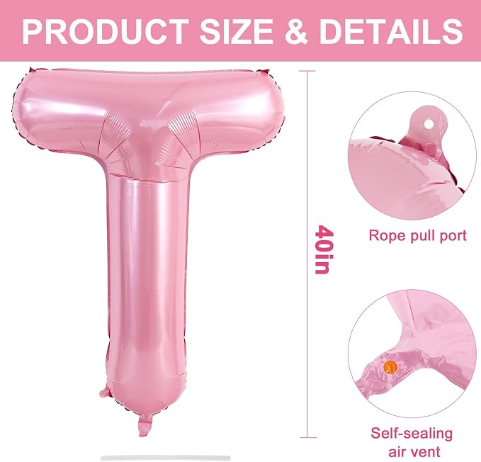 TONIFUL 40 Inch Large Pink Letter T Balloons Giant Foil Mylar Alphabet Balloon - Image 2