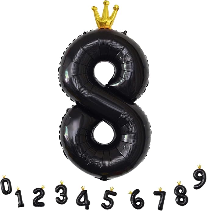 40 Inch Black Number Balloons, Big Crown Foil Number 8 Balloons - Image 9