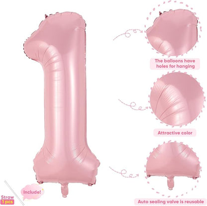 Light Pink 1 Balloon, 40 Inch Large Pastel Pink Foil Helium Number Balloons 0-9 - Image 3