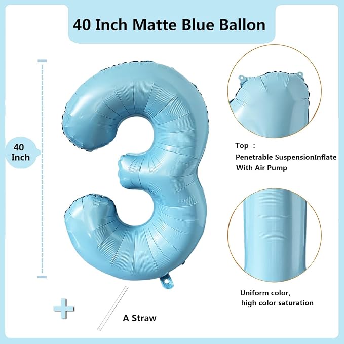 40 Inch Matte Blue 3 Number Balloons Light Blue Number 3 Foil Balloon Mylar - Image 2
