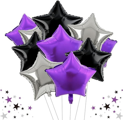 TONIFUL 15 Pack Purple Black Silver Star Foil Balloons | 18 Inch Mylar Star by TONIFUL