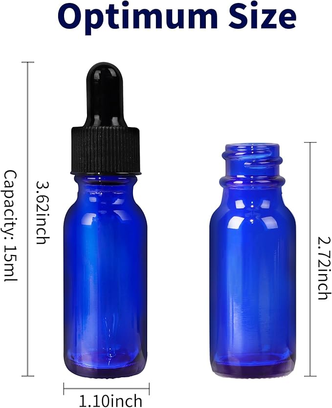48 Pack 1/2 oz (15ml) Cobalt Blue Glass Bottles with Glass Eye Droppers for Essential Oils, Perfumes & Lab Chemicals (Brush, Funnels, 2 Extra Droppers, Labels & Measuring Cup Included)