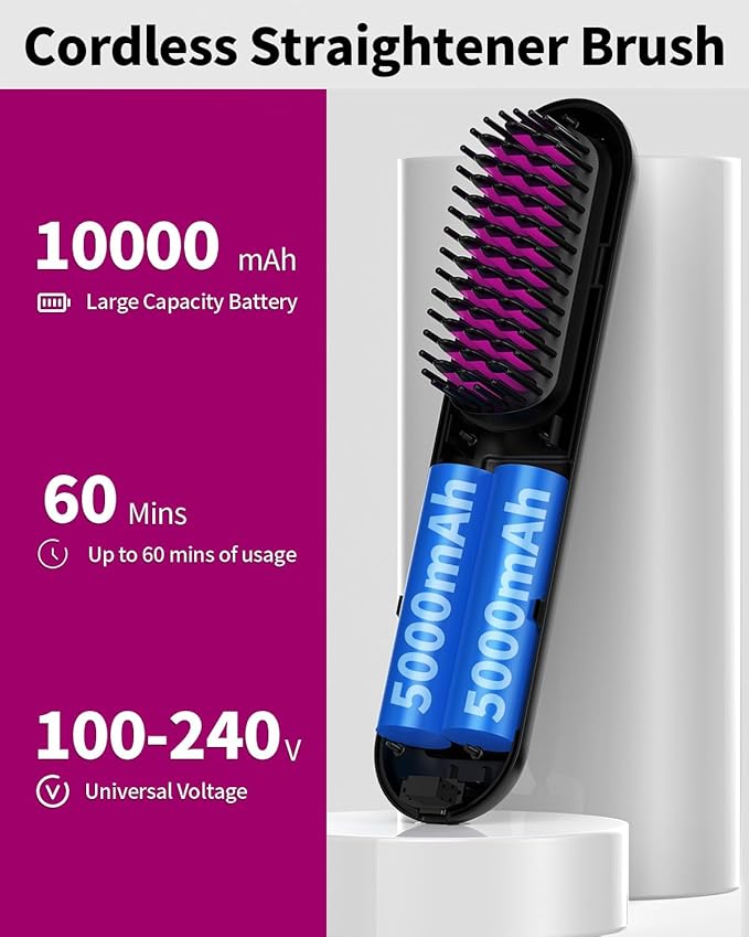 YFG Cordless Hair Straightener Brush, 10000mAh Battery, Ionic Thermal Wireless Hot Hair Brush Heat Comb (Black), Portable