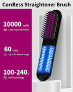 YFG Cordless Hair Straightener Brush, 10000mAh Battery, Ionic Thermal Wireless Hot Hair Brush Heat Comb (Black), Portable