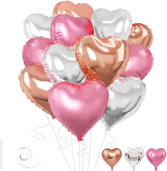 Rose Gold & Silver Heart Balloons，18 Inch Light Pink Foil Love Heart Shaped by Wuhetyo