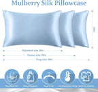 2 Pack 100% Pure Silk Pillowcase for Hair and Skin, Both Sides Mulberry Silk Pillowcases with Hidden Zipper, Cooling Pillowcase 19 Momme, 600 Thread Silk Pillow Cases Standard Size, Light Blue