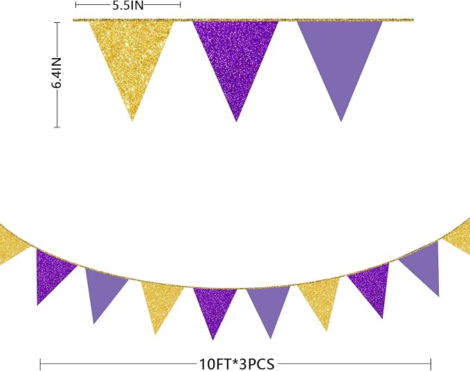 30Ft Purple Gold Party Decoration Pennant Banner Flag Hanging Glitter Paper - Image 2