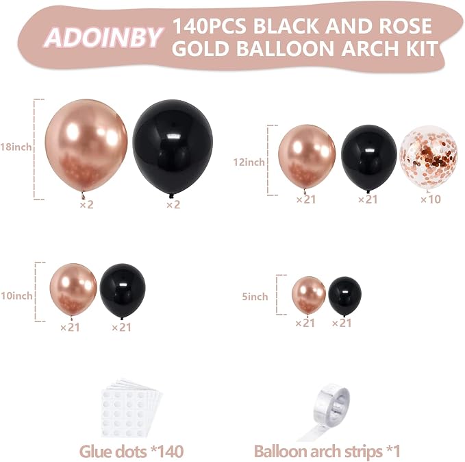 Rose Gold and Black Balloon Arch Kit, ADOINBY 140Pcs Metallic Rose Gold Black - Image 2