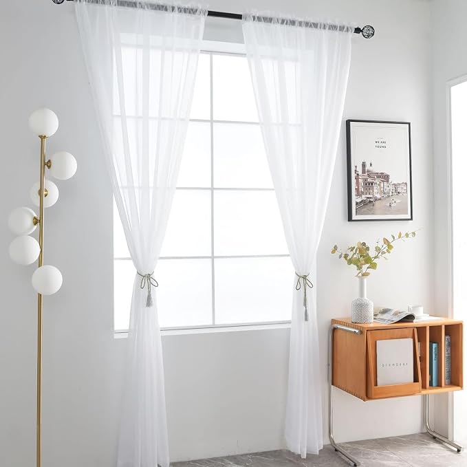 SpaceDresser Sheer White Curtains 4 Panels Rod Pocket Semi-Sheer Curtain 90 - Image 3