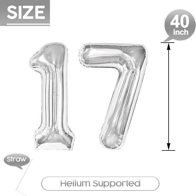 17 Balloon - Silver Birthday Number Balloons, 40 Inch Decorations Men Women | - Image 5
