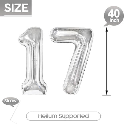 17 Balloon - Silver Birthday Number Balloons, 40 Inch Decorations Men Women | - Image 5