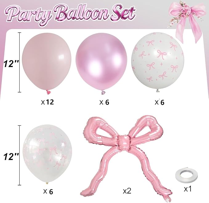 Pink Bow Balloons, 12Inch Pastel Light Pink and Bow Print Balloon - Image 2