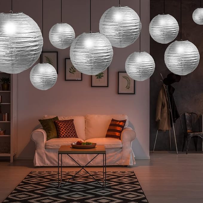 Silver Paper Lanterns 12 Pcs Assorted Size of 6" 8" 10" 12" Chinese Round Paper - Image 3