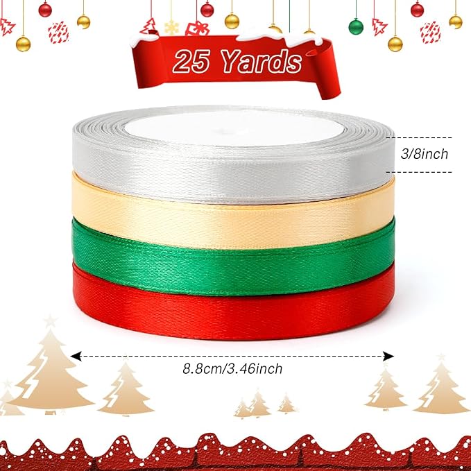 Christmas Ribbon for Gift Wrapping 4 Rolls 100 Yards 3/8 inch Red Green Gold - Image 2