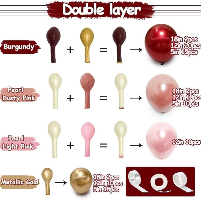 Burgundy Pink Balloon Arch Kit, Double Stuffed Ruby Red Pearl Pink Gold Balloon - Image 3