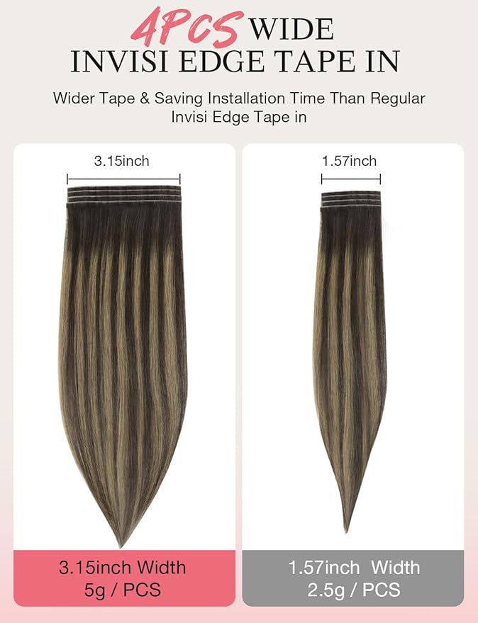 DOORES Invisi Edge Tape in Wide Hair Extensions Human Hair, Chocolate Brown to Honey Blonde 4PCS Injection Tape ins 20g 14 Inch, Virgin Human 3 Inch Wide Injected Extensions Invisible
