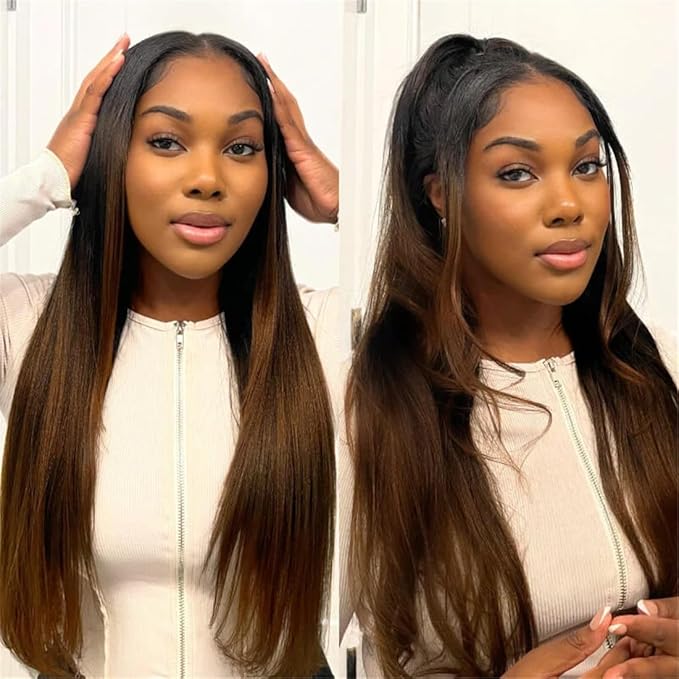 YIROO V Part Human Hair Wig - Ombre Chestnut Brown Yaki Straight Glueless No Leave Out - Upgrade U Part for Women - V Shape Clip in Half No Glue No Sew in Beginner 24 Inch