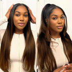 YIROO V Part Wig Human Hair No Leave Out Ombre Chestnut Brown Yaki Straight Glueless Human Hair Wig Upgrade U Part Wigs for Women V Shape Clip in Half Wig No Glue No Sew in Beginner Wig 20inch