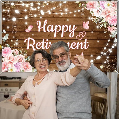 AIBIIN Pink Happy Retirement Backdrop Banner Decorations - Image 4