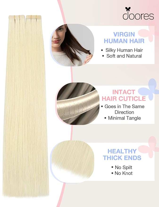 DOORES Invisi Edge Tape in Extensions Human Hair, Platinum Blonde 10 Injection Tape-ins with 10 Classic Tape-ins 50g 18 Inch, Injected Tape in Extensions Virgin Human Hair Thick Ends