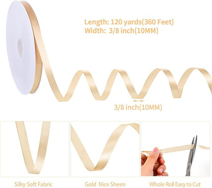 woric 120 Yards Champagne Satin Ribbon 3/8 Inch | Thin Gold Ribbon - Image 2