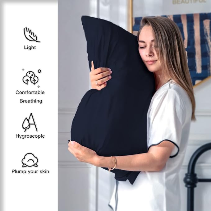 Natural Mulberry Silk Pillowcase for Hair and Skin Pillow Case with Hidden Zipper Soft Breathable Smooth Cooling Covers Sleeping(Navy Blue,Standard,1Pcs)
