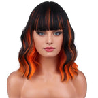 BERON 14 Inches Black Orange Wig Short Orange Bob Wigs with Bangs Halloween Wigs for Women Loose Wavy Wig for Cosplay Party