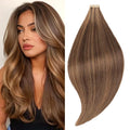 Tape in Hair Extensions Human Hair 16 Inch 20pcs Invisible Tape ins Hair Extensions Real Human Hair Brownish Brown to Brownish Yellow Remy Seamless Injected Tape Extensions