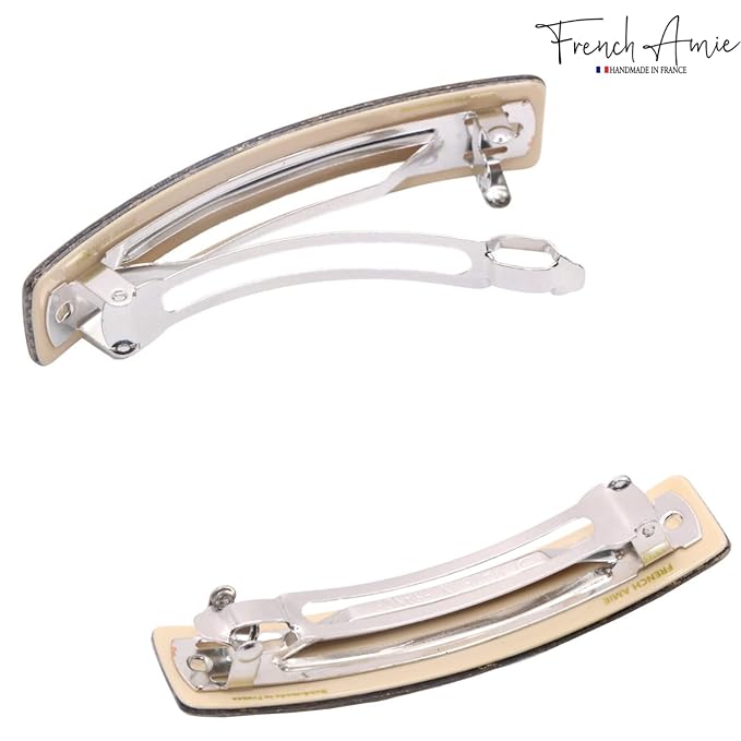 French Amie Oblong Handmade 3.5" Celluloid Automatic Hair Clip Barrette French Hair Clip for Girls Strong Hold Hair Clips for Women No Slip Durable Paris Hair Accessories, Made in France (Beige Net)