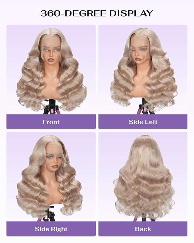 Hidden Strap Milk Tea Ash Blonde Wig Human Hair Body Wave 360 Lace Front Wig Human Hair Ombre Glueless Wigs Pre Bleached Bleached Knots 180% Density Drawstring HD Full Lace Wigs 20Inch