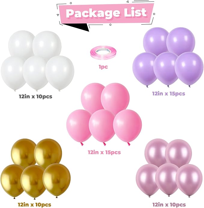Balloons Purple Pink White Gold Balloon 60pcs 12inch Pastel Purple Pink Latex - Image 4