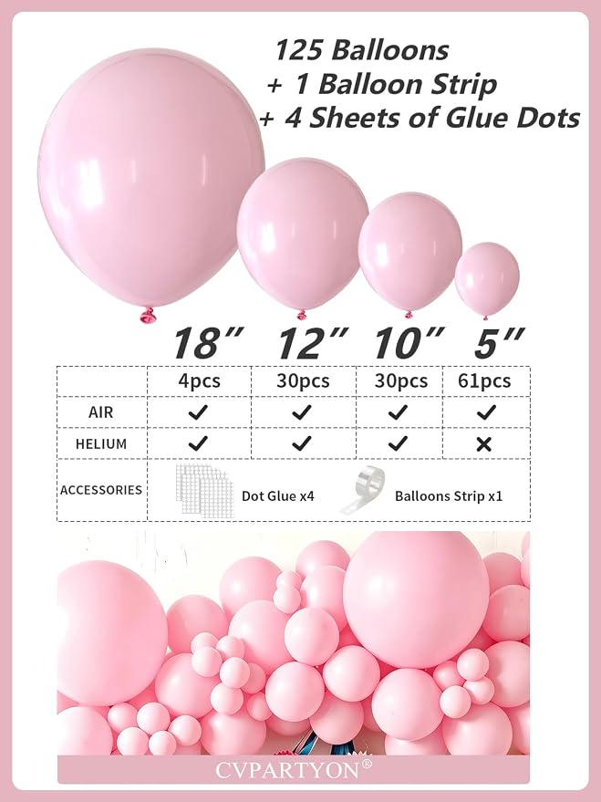 Pink Balloons 125 Pcs Different Sizes of 18 12 10 5 Inch Pastel Baby Soft Pink - Image 3