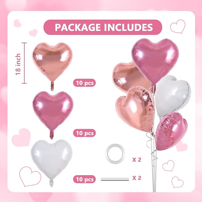 TONIFUL 30 Pcs 18 Inch Rose Gold Pink White Heart Shape Foil Mylar Balloons | - Image 2