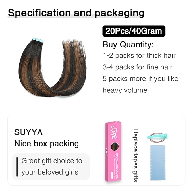 SUYYA Tape in Hair Extensions Human Hair Balayage Natural Black to Chestnut Brown 14 Inch 40g/pack 20pcs Straight Seamless Skin Weft Tape in Real Human Hair Extensions(14inch #P1B/6/T1B)