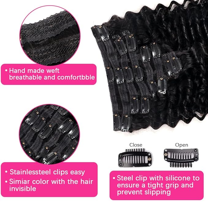 Deep Wave Clip in Hair Extensions for Black Women Brazilian Virgin Human Hair Extensions 8Pcs Remy Hair Extensions Clip in Human Hair with 18Clips 120g (12inch, Natural Black)