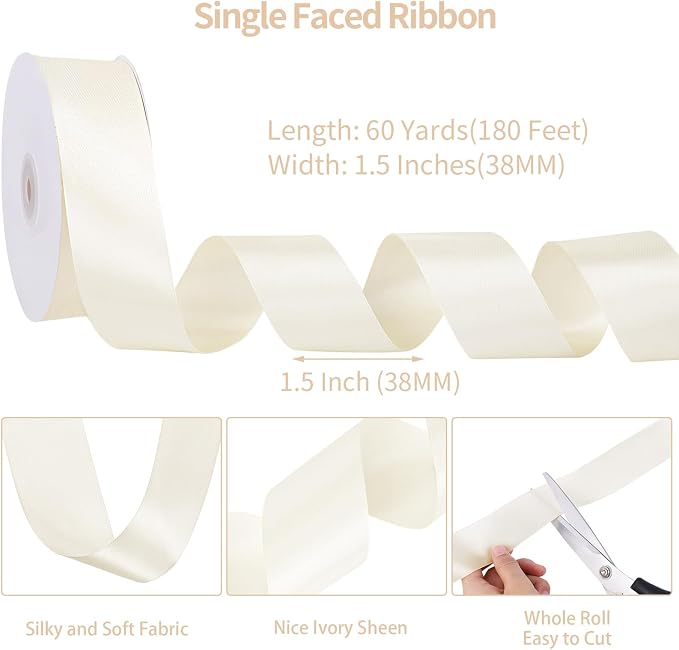 woric Ivory Satin Ribbon 1 1/2 Inch 60 Yards Cream Ribbon | Smooth Sheen - Image 2