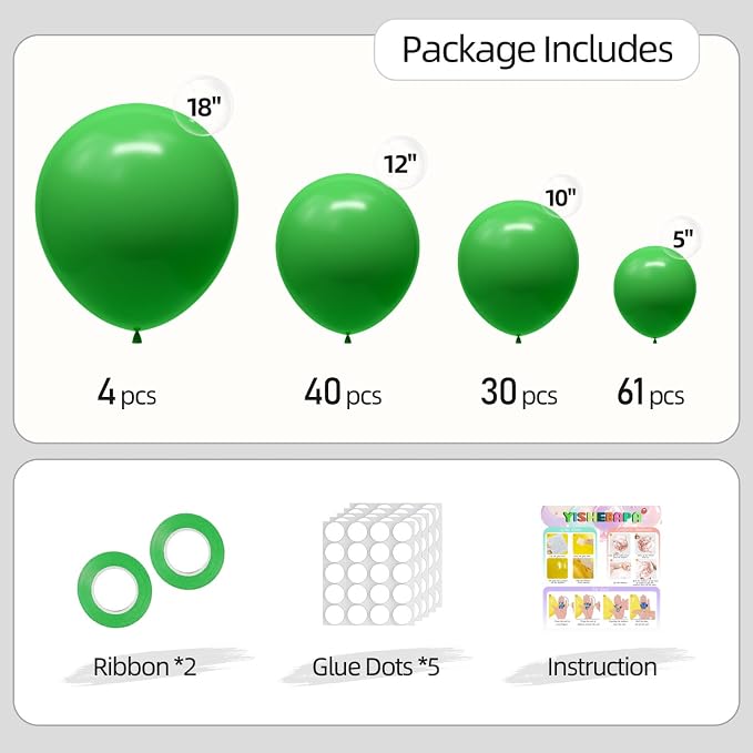135pcs Green Balloons Different Sizes 18" 12" 10" 5" Latex Balloon Garland Arch - Image 2