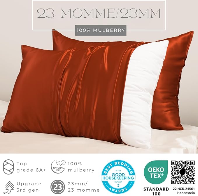 PROMEED 23 Momme Silk Pillowcase for Hair and Skin, Both Sides Upgraded Grade 6A+ Mulberry Silk Pillow Case with Zipper, Cooling Pillow Cases for Hot Sleepers (Queen 20"x30", Dusk)