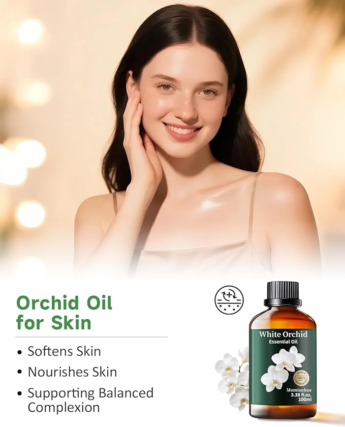 Mumianhua White Orchid Essential Oil Pure - Therapeutic Grade Aromatherapy Oil for Skin Care, Diffuser & Candle Making 100ml 3.38 Oz w/Dropper